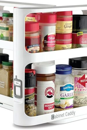 Cabinet Caddy Spice Rack Organizer for Cabinet - Slide & Rotate Kitchen Organizers and Storage - 2 Double-Decker Shelves - Non-Skid Base - Magnetic Modular Design - 10.8" H x 5.25" W x 10.8" D