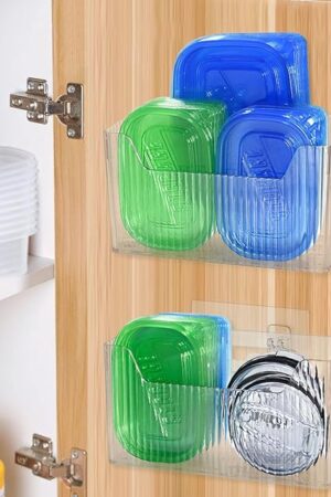 2 Pack Adhesive Cabinet Door Organizer Storage Caddy, Clear Lid Organizer Inside Cabinet Wall Mounted Pantry Door Caddy for Food Container Lid Kitchen Under Sink Basket (Clear)
