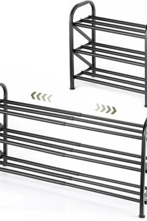3-Tier Shoe Rack for Closet, 16"-33" Expandable ShoeRackAdjustable for Entryway Closet Doorway SturdyMetal, Black