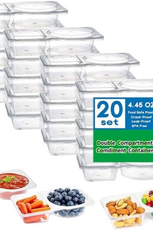 20 Sets Reusable Snack Containers with Lids – 2-Compartment Portion Control Containers for Snacks, Condiments, Dips, and Sauces – Leak-Proof, Ideal for Road Trips, Lunchboxes, and Travel