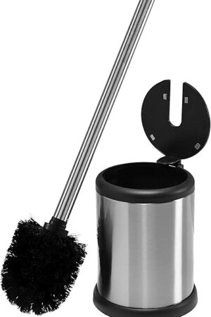 Bath Bliss Toilet Brush and Holder | Self Closing Lid | 360 Degree Brush Head | Bathroom Cleaning | Compact Size | Storage and Organization | Stainless Steel
