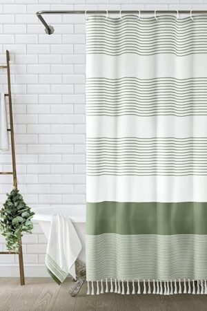 Awellife Boho Sage Green Shower Curtain for Bathroom Stripe Tassel Shower Curtain 72 X 72 Inches Farmhouse Cotton