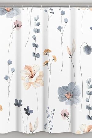 Waterproof Shower Curtain Set with Hooks - Watercolor Blue Beige Floral Plant Shower Curtains for Bathroom, 72 x 72