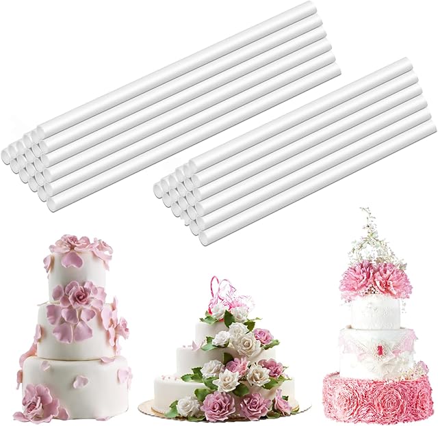 24 Pcs Plastic White Cake Dowel Rods, 9.5 Inch & 12 Inch Length, 2 Sizes, 12 Each, Durable, Non-Toxic, For Tiered Cake Construction