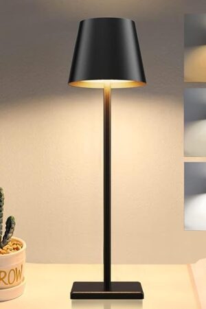 Cordless Table lamp, 5200mAh Battery Operated Lamp,3 Color Stepless Dimming Desk Lamp, IP54 Waterproof Outdoor Table Lamps for Restaurant/Bedroom/Bars/Party/Camping/Cafe Night Light (Black-1)