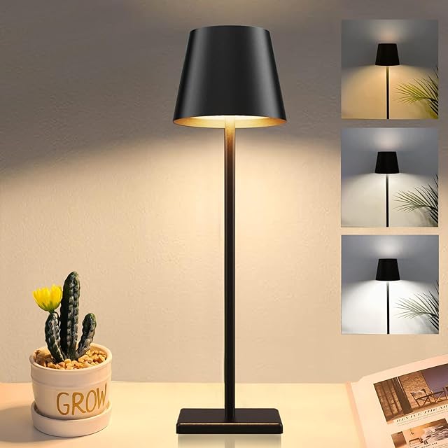 Cordless Table lamp, 5200mAh Battery Operated Lamp,3 Color Stepless Dimming Desk Lamp, IP54 Waterproof Outdoor Table Lamps for Restaurant/Bedroom/Bars/Party/Camping/Cafe Night Light (Black-1)
