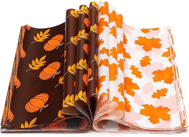 Clabby 200 Pieces Fall Tissue Paper Thanksgiving Wax Paper Sheets Food Basket Liners Sandwich Food Picnic Autumn Orange Wrapping Greaseproof Sheets for Kitchen Handmade