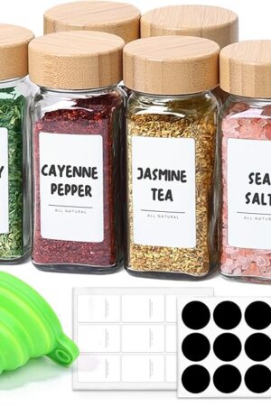 ComSaf 4 oz 6Pcs Glass Spice Jars with Label, Empty Spice Containers with Bamboo Lids, Square Seasoning Containers Trial and Supplement Set, Small Seasoning Bottles for Salt, Herbs, Sugar, Pepper