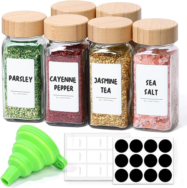 ComSaf 4 oz 6Pcs Glass Spice Jars with Label, Empty Spice Containers with Bamboo Lids, Square Seasoning Containers Trial and Supplement Set, Small Seasoning Bottles for Salt, Herbs, Sugar, Pepper