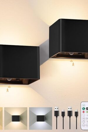 Yochoice Motion Sensor Wall Light with Remote Control, 6000mAh Black Wireless Touch Control Rechargeable Wall Sconce with 3 Color Temperatures, LED Up Down Battery Operated Wall Lamps Indoor, 2-Pack