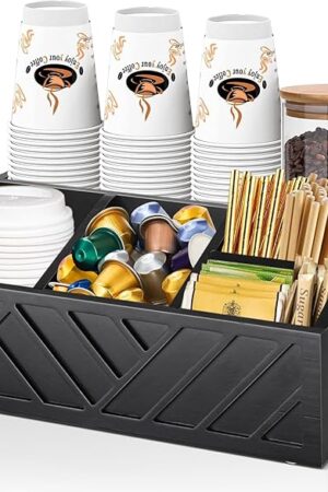 Y&ME YM Coffee Station Organizer, Farmhouse Wood Coffee Bar organizer Countertop for Accessories, Pod Syrup Condiment Organizer Holder (Black)