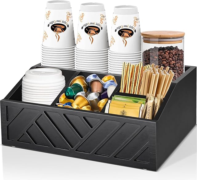 Y&ME YM Coffee Station Organizer, Farmhouse Wood Coffee Bar organizer Countertop for Accessories, Pod Syrup Condiment Organizer Holder (Black)