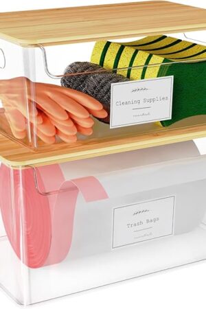 2 Pack Trash Bag Holder Under Sink Stackable, Plastic Garbage Dispenser with Lid, Trash Bag Storage Dispenser Roll Holder for Kitchen, Pantry, Laundry Room Organization