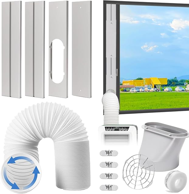 Portable AC Window Vent Kit, Adjustable Vertical/Horizontal Sliding Window Kit Plate for AC Unit, Seamless Portable AC Window Seal With 5.9 Inch Diameter, 59 Inch Length Exhaust Hose