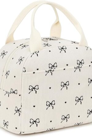 EurCross Cute Bow Tie Lunch Bag for Girls, Ivory Corduroy Insulated Lunch Bag for Two-Meal Space Perfect for School Days, Commuting, fits Bento Boxes, Round Containers, Designer Lunchboxes