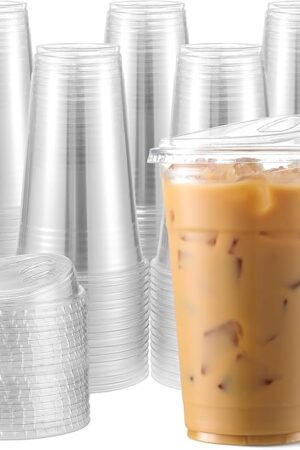 AOZITA 100 Pack - Clear 16 Oz Plastic Cups With Lids, Disposable Iced Coffee Cups With Lids for Party Drinks, Bubble Tea and Cold Beverage, BPA Free & Food Safe