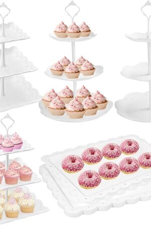 10 Pcs Cake Stand White Plastic Dessert Table Display Set 4 Pcs 3 Tired Cupcake Stand Cookie Tray Rack Serving Tray Cake Display Tower and 6 Pcs Dessert Trays for Wedding Baby Shower Tea Party