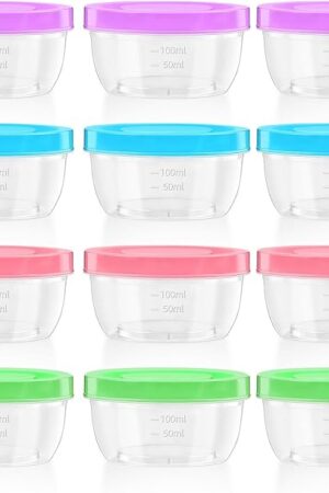 Zezzxu 5 oz Small Freezer Storage Containers with Screw Lids, 12 Pack Reusable Plastic Food Jars Stackable Deli Containers (Microwave & Freezer Safe)
