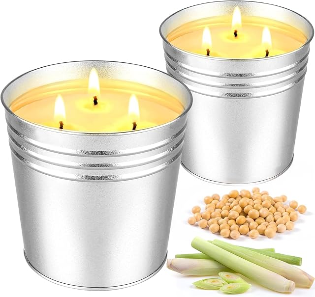 Citronella Candles Outdoor – 2 x 17 oz Large 3-Wick Soy Wax Candles, Up to 180 Hours Burn Time, Lemongrass Scent for Outdoor Patio, Garden, Yard, Balcony, Camping