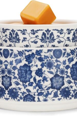 Blue & White Porcelain Pattern Wax Melt Warmer,Ceramic 3-in-1 Electric Candle Wax Warmer for Scented Wax Melter Oil Burner for Home Office Bedroom Gift & Decor (with KD Iron Shelf)