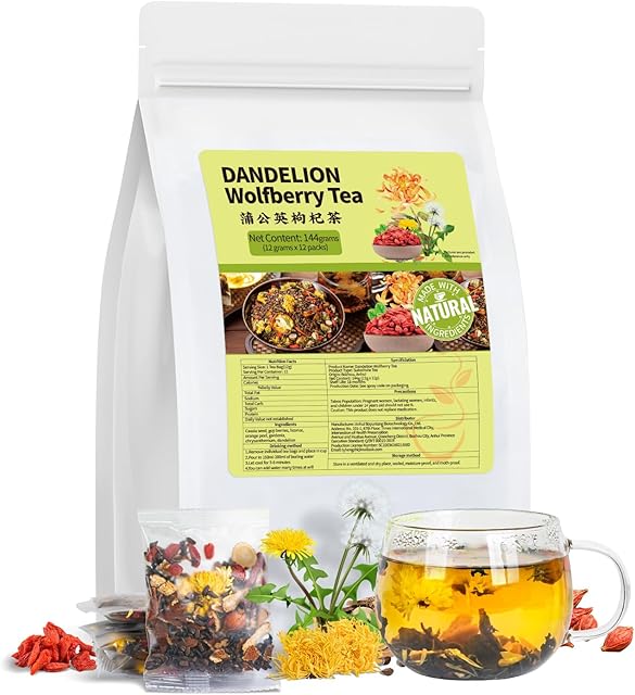 Dandelion Wolfberry Tea Bags (12 Bags) for Kidneys & Liver Health | With Chrysanthemum | Organic Dandelion Root | Natural Herbal Tea | Contains Orange Peel