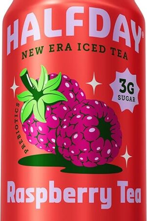 Halfday, Prebiotic Raspberry Iced Tea Cans Supports Digestive Health & Gut Health 8g Plant Fiber & Prebiotics Gluten Free Paleo Low Calorie Low Sugar Organic Tea 12 Fl Oz, 355 mL