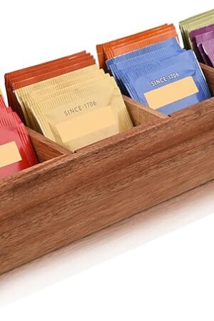 Acacia Wood Tea Bag Organizer with 4 Slots – Tea Bag Holder and Tea Organizer, Sugar Packet Storage for Countertops