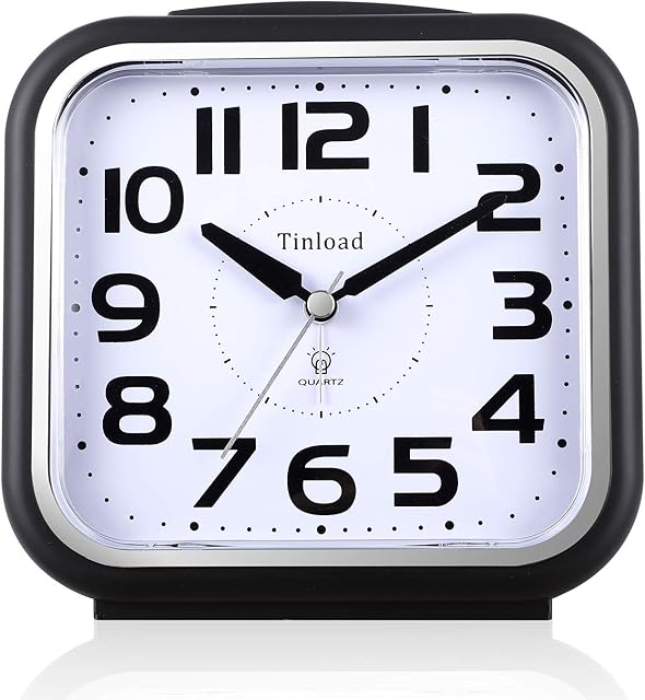 5.5" Large Analog Alarm Clock Silent Non Ticking, Gentle Wake, Beep Sounds, Increasing Volume, Battery Operated Snooze and Manual Light, Easy Set, Black (Best for Elder)