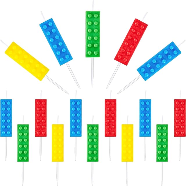 BBTO 16 Pcs Building Block Candles Brick Birthday Cake Candles Topper Sparkler Novelty Decor Building Block Construction Party Themed Decoration Favor for Birthday Baby Shower Summer Party Supplies