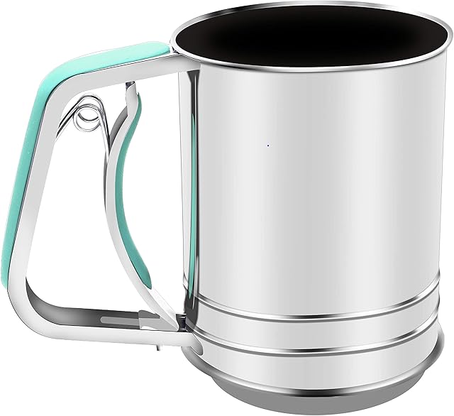 3-Cup Stainless Steel Flour Sifter,Squeeze Sifter for Baking with Compatable Silicone Handle (Green)