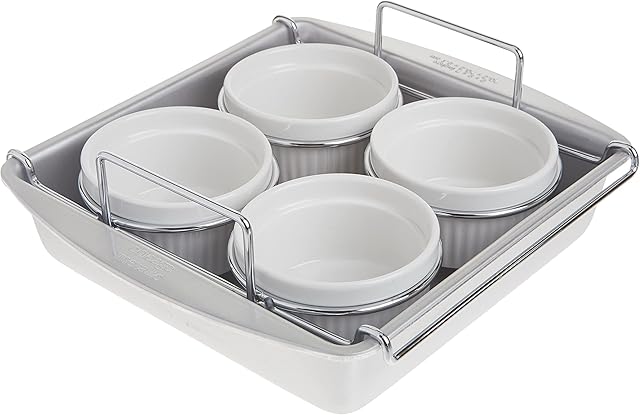 Chicago Metallic Professional 6-Piece Creme Brulee Set with 4 Porcelain Ramekins, 8-inch Square Pan and Wire Rack