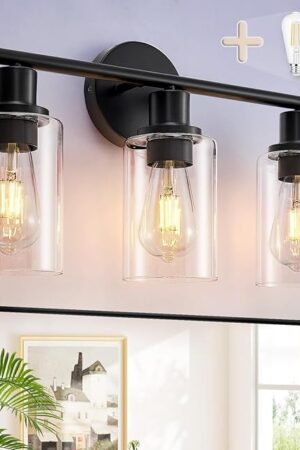 DLLT 3-Light Bathroom Light Fixtures: Black Modern Vanity Lights with 3 E26 Bulbs - Clear Glass Shade Bathroom Wall Lamp for Mirror Kitchen Living Room Hallway Cabinet Porch