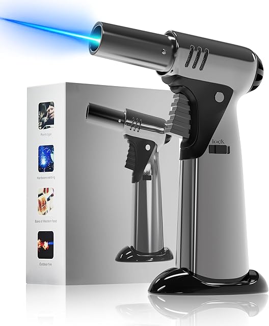 Butane Torch, Butane Refillable Kitchen Cooking Torch, Torch Lighter with Safety Lock And Adjustable Flame For BBQ, Baking, Brulee Creme, Crafts and Soldering(Butane Gas Not Included)