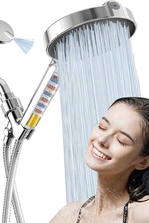 6“ Filtered Shower Head with Handheld, 6-Spray High Pressure Shower Head with Filter for Hard Water, Detachable Handheld Showerhead with Hose and Shower Arm Bracket, Chrome-Black