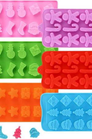 Christmas Silicone Chocolate and Candy Molds, Small Baking Molds for Cake Toppers, Santa Clause Snowman Christmas Tree Presents Gingerbread Stockings Star Candy Cane Molds 6Pcs