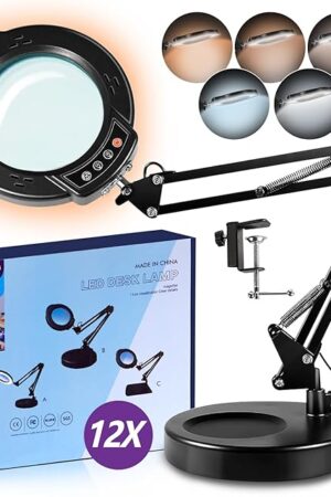 12X Magnifying Glass with Light and Stand, 5 Color Modes 10 Stepless Dimmable, Real Glass 84 LED Lighted Magnifying Glass with Swing Arm, Magnifying Lamp for Crafts Reading Painting Sewing Close Work