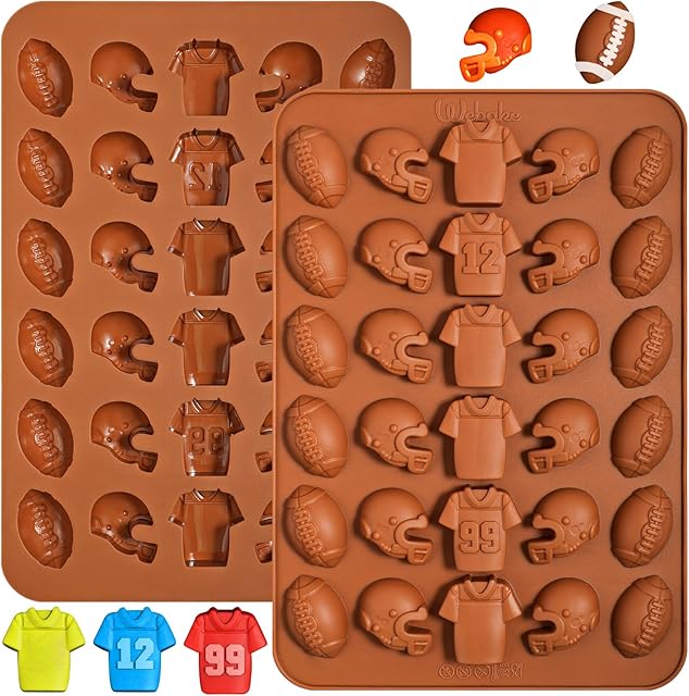 Webake Football Chocolate Mold, 30-Cavity Football Silicone Mold Shaped with Football, Helmet, and Jersey, Football Mold for Chocolate, Candy, Cupcake Decorations, Pack of 2