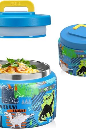 8 Oz Thermo Food Jar for Hot & Cold Food for Kids, Insulated Lunch Containers Hot Food Jar,Leak-Proof Vacuum Stainless Steel Wide Mouth Lunch Soup Thermo for School (BLUE-Dinosaur)