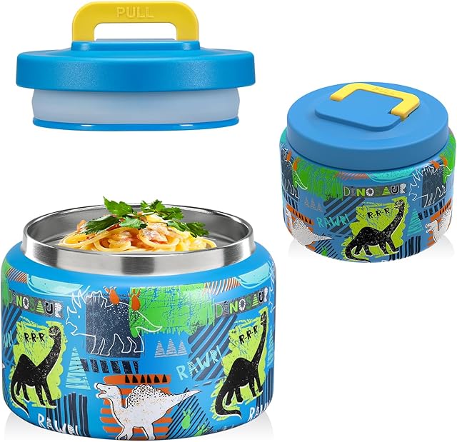 8 Oz Thermo Food Jar for Hot & Cold Food for Kids, Insulated Lunch Containers Hot Food Jar,Leak-Proof Vacuum Stainless Steel Wide Mouth Lunch Soup Thermo for School (BLUE-Dinosaur)