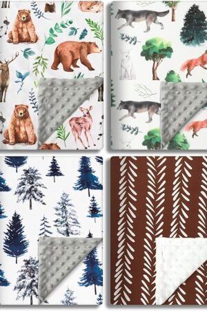 4 Pack Soft Woodland Baby Blankets（30“X40 for Unisex Girls or Boys Breathable Gender Neutral Nursery Double Layer Blankets with Dotted Backing and Animals Printed for Newborn Toddlers (Animal Print)
