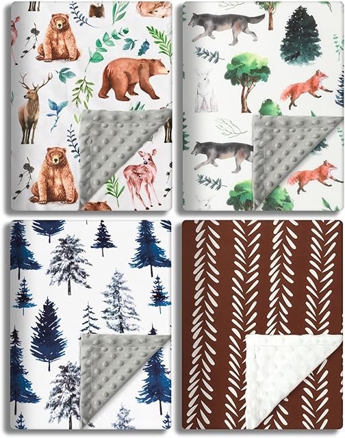 4 Pack Soft Woodland Baby Blankets(30“X40 for Unisex Girls or Boys Breathable Gender Neutral Nursery Double Layer Blankets with Dotted Backing and Animals Printed for Newborn Toddlers (Animal Print)