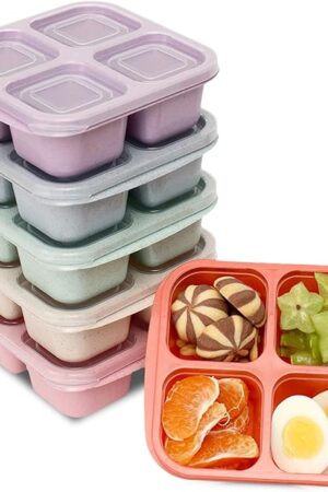 6 Pack Meal Prep Containers, 4 Compartment Bento Snack Boxes, Reusable Divided Lunch Box Containers for Adults, Kids, Toddlers, Travel, Work, School