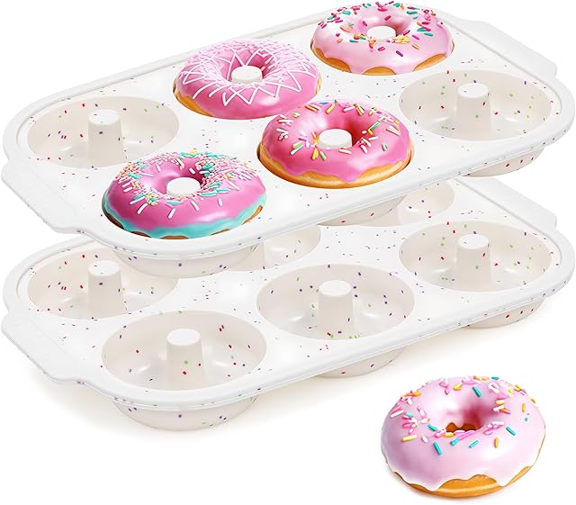 Donut Pan for Baking Silicone Donut Molds 6 Cavity Nonstick Doughnut Tray 3.25 Inch Large Bagel Molds with Metal Reinforced Frame Set of 2(Cream)