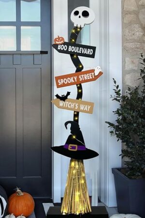 DAZONGE Halloween Decorations -Lighted Halloween Wooden Witch’s Broom for Indoor Outdoor Porch Yard Decor - Spooky Light up Witch Decorations Sign