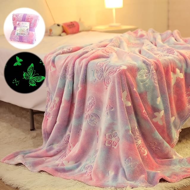Glow in The Dark Blanket Butterfly Gifts for Girls,Soft Blanket 3 4 5 6 7 8 9 10 Year Old Girl Gifts, Toddler Girls Toys Age 6-8,Mothers Day Birthday Gifts Christmas, 50"x60"