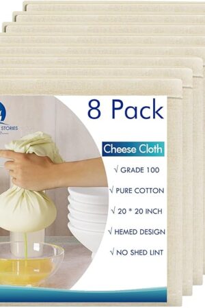 8 PCS Reusable Cheesecloth, Grade 100, 20x20 Inch Hemmed Cheese Cloth for Straining Craft, 100% Cotton Unbleached Cloth Strainer for Cooking, Baking, Juicing, Cheese Making