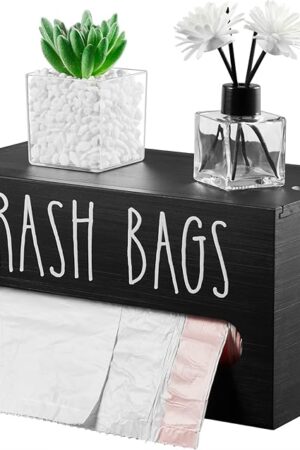 DRASTAR Trash Bag Dispenser, Wooden Garbage Bag Holder, Black, Fits Most Standard Sizes, Wall Mount or Countertop, Kitchen Storage & Organization
