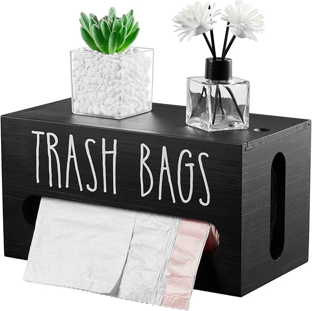 DRASTAR Trash Bag Dispenser, Wooden Garbage Bag Holder, Black, Fits Most Standard Sizes, Wall Mount or Countertop, Kitchen Storage & Organization