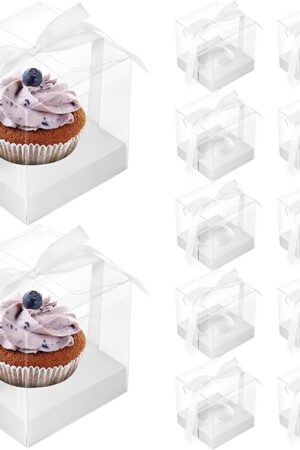 VGOODALL Clear Cupcake Containers, Individual Cupcake Boxes, 3.5x3.5x3.5 Inches, Set of 12 with White Insert and Ribbon for Birthday Wedding Party
