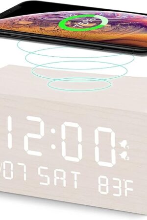 Andoolex Wooden Digital Alarm Clock with Wireless Charging, 0-100% Adjustable Brightness Dimmer and Volume, Weekday/Weekend Mode, Dual Alarm, Snooze, 12/24H, Wood LED Clock for Bedroom (White)
